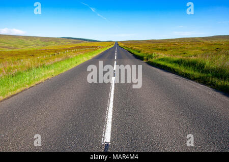 Straight asphalt road with a white line to the horizon between the fields and grass. County Antrim, Northern Ireland, UK Stock Photo