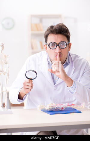 Crazy doctor studying human skeleton Stock Photo