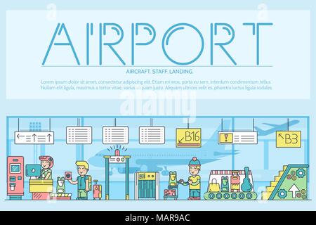Thin line staff working and registering people and luggage in the airport design.  Registration outline vector illustration concept. Stock Vector