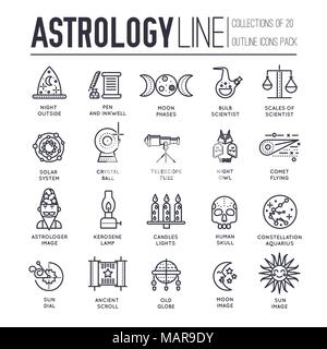 Astrology house thin line icons design illustration set. Flat outline horoscope items concept. Vector camera, lenses and other staff linear background  Stock Vector
