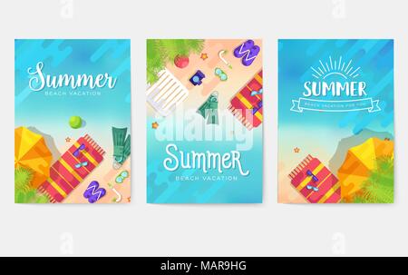 summer vecetion time  vector brochure cards set. Ecology template of flyear, magazines, poster, book cover, banners. Outdoor invitation concept background. Layout illustration modern page background Stock Vector