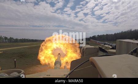 Troopers with Delta Tank Company, 6th Squadron, 8th Cavalry Regiment, 2nd Armored Brigade Combat Team, 3rd Infantry Division, fire the main gun round at a target during unit gunnery, March 29 at Fort Stewart, Ga. This gunnery marked the first time 2nd ABCT Troopers fired their newly received M1A1-SA Abrams Tanks since the brigade converted from a light to an armored brigade combat team. (Courtesy Photo)