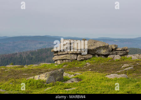 Rock formation on the mountain Brocken. Saxony-Anhalt, Germany. It is called Hexenaltar, which means Witches Altar Stock Photo