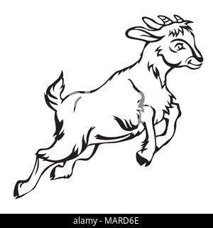Decorative jumping funny cartoon goat kid. Monochrome vector illustration in black color isolated on white background. Stock Vector