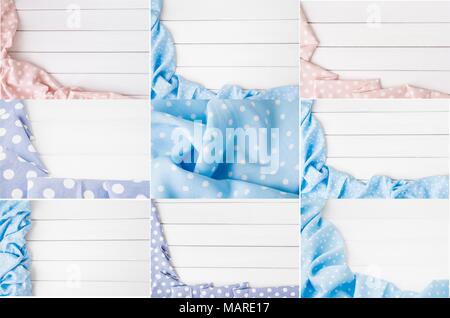 Big set of Light pink, blue, violet polka dots folded tablecloth over bleached wooden table. Top view image. Copyspace for your text Stock Photo