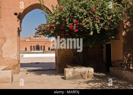 Garden inside remains of a ruined 16th century Saadian Dynasty El Badi palace located in Marrakesh, Morocco Stock Photo