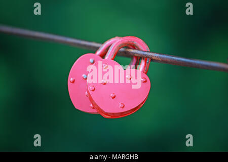 Two pink castle in the form of heart hanging on a wire on a green background Stock Photo