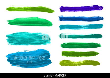 Set of vector navy, turquoise blue, acid green watercolor hand painted gradient isolated stripes. Abstract collection of fluid ink, acrylic dry brush  Stock Vector