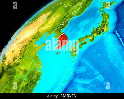 Orbit view of South Korea highlighted in red on planet Earth. 3D ...