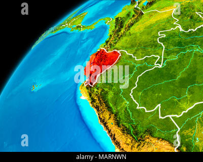 Orbit view of Ecuador highlighted in red with visible borderlines on planet Earth. 3D illustration. Elements of this image furnished by NASA. Stock Photo