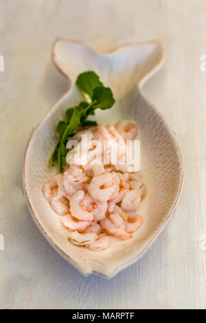 Shrimps and arugula greenery leafs in fish shaped ceramic plate on white wooden tabletop. Stock Photo