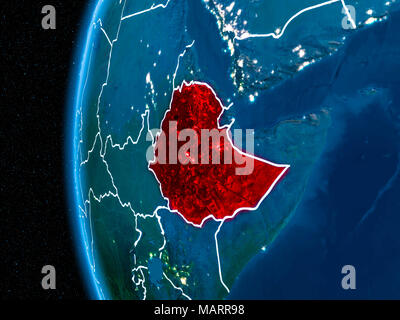 Space orbit view of Ethiopia highlighted in red on planet Earth at night with visible country borders and city lights. 3D illustration. Elements of th Stock Photo