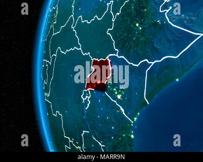 Space orbit view of Uganda highlighted in red on planet Earth at night with visible country borders and city lights. 3D illustration. Elements of this Stock Photo