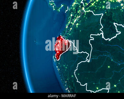 Space orbit view of Ecuador highlighted in red on planet Earth at night with visible country borders and city lights. 3D illustration. Elements of thi Stock Photo