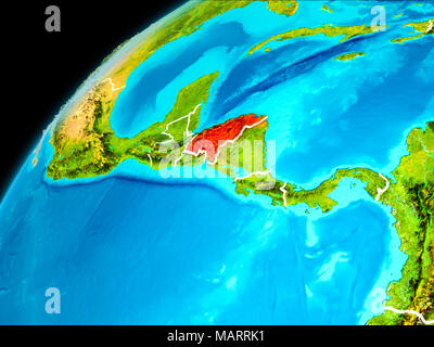 Orbit view of Honduras highlighted in red with visible borderlines on planet Earth. 3D illustration. Elements of this image furnished by NASA. Stock Photo