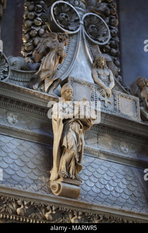 Saint Petronius of Bologna (San Petronio) carved by Italian Renaissance sculptor Michelangelo Buonarroti (1495) on the Arca di San Domenico (Shrine of Saint Dominic) in the Basilica of San Domenico (Basilica di San Domenico) in Bologna, Emilia-Romagna, Italy. Stock Photo