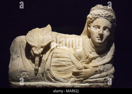 Etruscan alabaster cinerary urn from the Hellenistic period dated from the 150-27 BC on display in the Museo archeologico nazionale (National Archaeological Museum) in Florence, Tuscany, Italy. Stock Photo