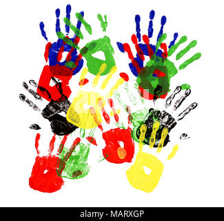 Child handprints made from vivid acrylic paint on white paper Stock Photo