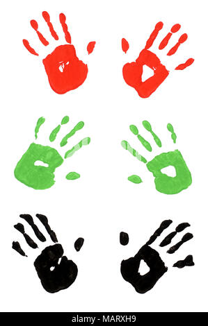 Child handprints made from vivid acrylic paint on white paper Stock Photo