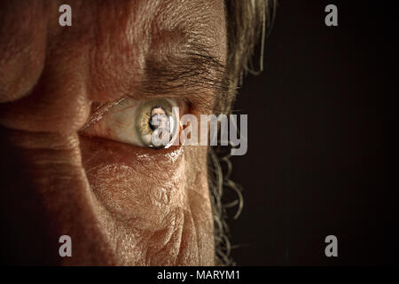 Half face of aggressive man looking with hatred into camera, domestic tyrant Stock Photo