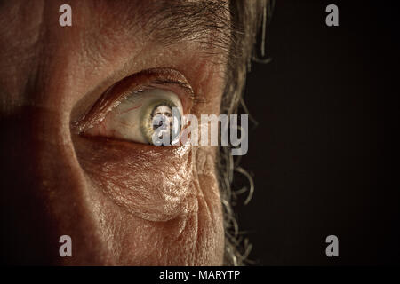 Half face of aggressive man looking with hatred into camera, domestic tyrant Stock Photo