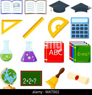 Colorful cartoon school set 16 elements. Education theme vector illustration for gift card certificate banner sticker, badge, sign, stamp, logo, label Stock Vector