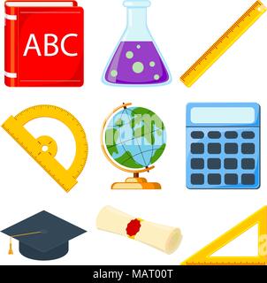 Colorful cartoon school set 9 elements. Education theme vector illustration for certificate banner sticker, badge, sign, stamp, logo, label, icon, pos Stock Vector