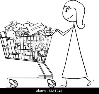 Cartoon of Smiling Woman or Businesswoman Pushing Shopping Cart Full of Goods Stock Vector