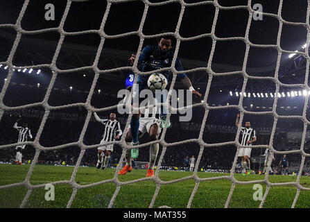 Turin, Italy. 3rd Apr, 2018. Real Madrid's Marcelo (C) scores during the UEFA Champions League quarterfinal first leg soccer match between Juventus and Real Madrid in Turin, Italy, on April 3, 2018. Real Madrid won 3-0. Credit: Alberto Lingria/Xinhua/Alamy Live News Stock Photo