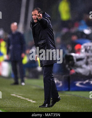 Turin, Italy. 3rd Apr, 2018. Massimiliano Allegri, head coach of Juventus, reacts during the UEFA Champions League quarterfinal first leg soccer match between Juventus and Real Madrid in Turin, Italy, on April 3, 2018. Real Madrid won 3-0. Credit: Alberto Lingria/Xinhua/Alamy Live News Stock Photo