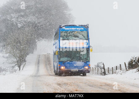 Stirlingshire, Scotland, UK - 4 April 2018: UK weather - a bus carefully negotiating heavy snow in Stirlingshire heading towards Balfron Credit: Kay Roxby/Alamy Live News Stock Photo