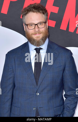 Seth Rogen attending the 'Blockers' premiere at Regency Village Theater on April 3, 2018 in Los Angeles, California. Stock Photo
