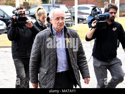 04 April 2018, Germany, Neumuenster: Ivo Vajgl (c), European parliamentarian and former Slovenian Exterior Minister, visits the correctional facility where former Catalan Regional President Carles Puigdemont is being detained since late March. Photo: Carsten Rehder/dpa Stock Photo