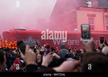 Anfield, UK. 4th Apr, 2018. Liverpool fans welcome the Liverpool FC players coach as it arrives at Anfield for the Quarter Final 1st leg of the Champions League. Credit: ken biggs/Alamy Live News Stock Photo