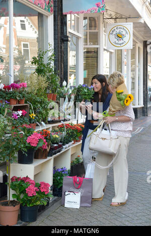 Two women browsing a florist display, south street, Eastbourne, East Sussex, England, UK Stock Photo