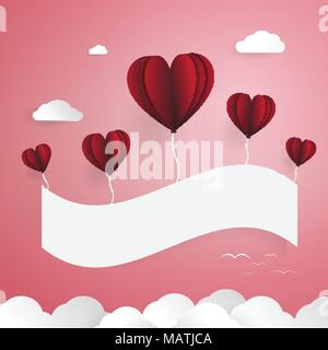 Red balloons with white paper banner. Cloud and birds elements. Love and Valentines day concept. Paper art and paper cut theme. Stock Vector