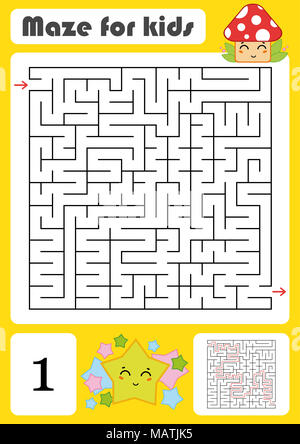 A square labyrinth. Developmental game for children. Vector illustration isolated on white background. Color design with cute cartoons. Stock Photo