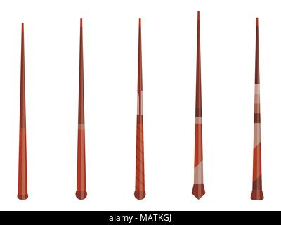 Magic wands set. Wizard tool. Wooden stick collection. Isolated on white background. Vector illustration Stock Vector