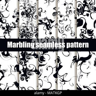 Marbling seamless pattern set. Marbled paper watercolor. Drawing on the water. Grunge textures black and white. Vector illustration Stock Vector