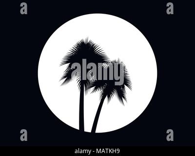 Two palm trees on the background of the full moon, black and white logo. Tropical trees. Vector illustration Stock Vector