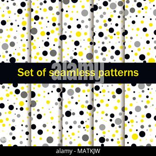 Seamless patterns with circles. Black and yellow color, collection of ten backgrounds. Vector illustration Stock Vector