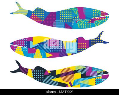 Whale with memphis pattern. Geometric elements in the style of 80s. Vector illustration Stock Vector