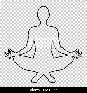 Outline figure of a man sitting in lotus pose on a transparent background, stencil, yogi silhouette. Meditation human, shape, line portrait, black and white contour drawing. Vector illustration Stock Vector