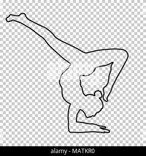 Outline figure woman handstand on transparent background, silhouette girl makes a stand on the hand, yoga pose, gymnastic, contour portrait, black and white line drawing, stencil. Vector illustration Stock Vector