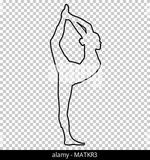 Outline figure woman doing stretching legs, split on transparent background, silhouette girl engaged in gymnastics, yoga, contour portrait, black and white line drawing, stencil. Vector illustration Stock Vector