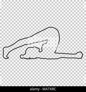 Outline figure woman in a pose halasana on transparent background, vector silhouette girl doing stretching lying on back, yoga, gymnastic, contour portrait, black and white line drawing, stencil Stock Vector