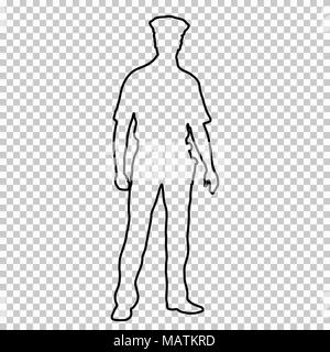 Outline figure police man standing front side, contour portrait male cop full-length on transparent background, vector silhouette human in a police uniform, black and white line drawing, stencil Stock Vector