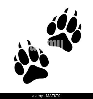Paw print animal dog or cat clawed, silhouette footprints of an animal, flat icon, logo, black traces isolated on white background Stock Vector