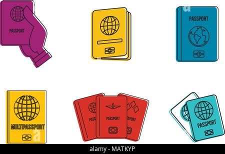 Passport icon set, color outline style Stock Vector