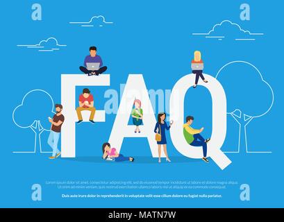 Frequently asked questions concept illustration of young people standing near letters and using smart phone, laptop and digital tablet. Flat women and Stock Vector